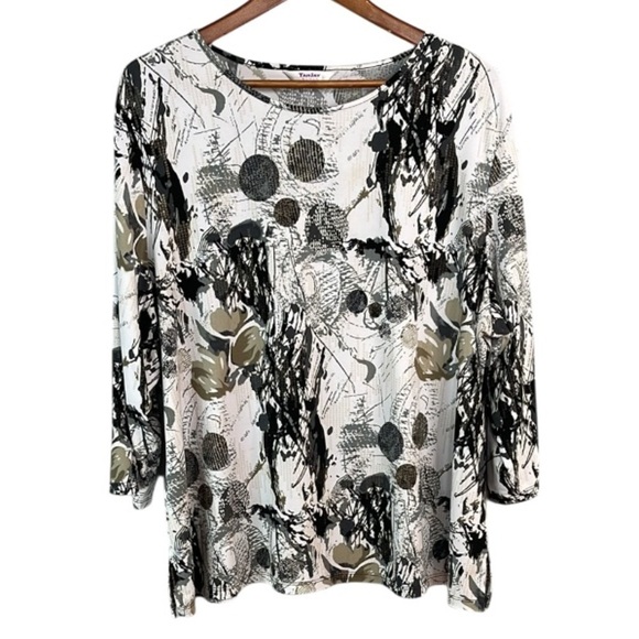TanJay Abstract Print Relaxed Top Black White Taupe Long Sleeve Top Stretch 2X - Picture 2 of 10